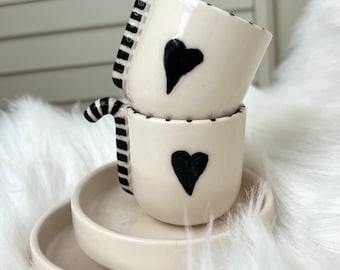 Juego de tazas de café turco con asa de caña y corazón negro, taza especial de cerámica hecha a mano, taza para el Día de la Madre, juego de tazas de café turco.