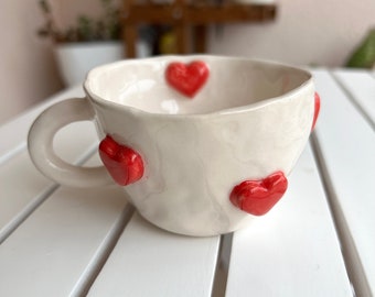 3D Mug with heart,Handmade Ceramic/Pottery Coffee Mug,Gift for Her,Tea Cup,Mother’s Day Gift,Coffee mug with Red Heart, Handmade Mugs