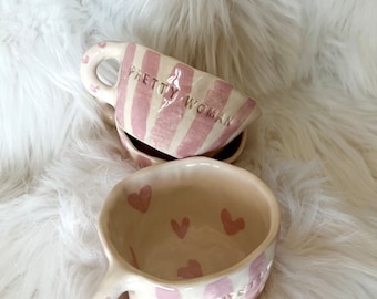 Hübsche Frau handgemachte Keramiktasse, Geschenk für Mutter, süße Geschenke, ästhetische Tasse, niedliche Keramiktasse, Kaffeetasse, rosa Herztasse, handgemachte Teetasse