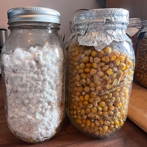 Puede incluir: Dos tarros de vidrio, uno lleno de granos de maíz blanco y el otro de granos de maíz amarillo. Ambos tarros tienen tapas plateadas.