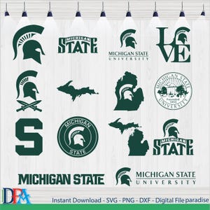 May include: A collection of dark green Michigan State University logos and graphics, including the Spartan helmet, the state outline, and text variations. The designs are displayed against a light wood-grain background.