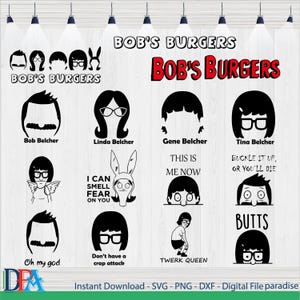 Pacchetto hamburger di Bob in formato svg, sedere in formato svg, regina del twirk, ruttato, linda in formato svg, tina in formato svg, allaccialo ora, hamburger di Bob in formato cricut, file di taglio, silhouette