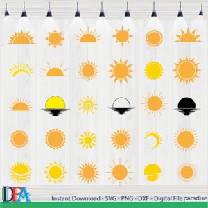 May include: A set of 20 digital sun and sunrise illustrations in yellow and orange. The illustrations are perfect for crafting projects, scrapbooking, and digital design.