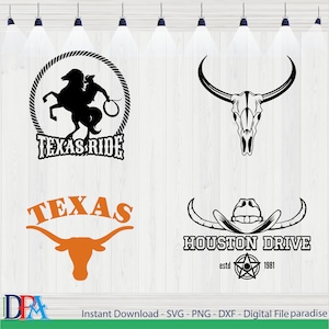 May include: Four black and white vector illustrations of Texas-themed designs. The first design features a cowboy riding a horse with a lasso in a circle with the text "TEXAS RIDE". The second design is a bull skull. The third design features a stylized bull head with the text "TEXAS" above it. The fourth design features a cowboy hat with horns and the text "HOUSTON DRIVE estd 1981".