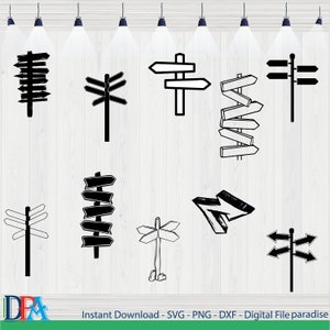 Może przedstawiać: Zestaw dziesięciu czarno-białych ilustracji wektorowych różnych znaków drogowych. Znaki są w różnych stylach, w tym proste strzałki, bardziej złożone projekty i znaki z wieloma kierunkami.