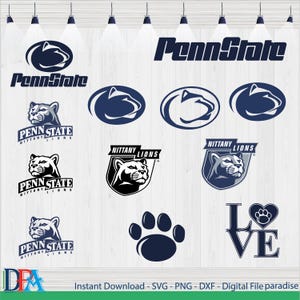 May include: A collection of Penn State University logos and graphics in navy blue and white. Designs include the Nittany Lion, the university name, and a paw print. The phrase "LOVE" is also featured.
