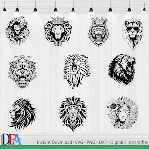 Pacote SVG de leão, Leão Svg, Cabeça de leão svg, Silhuetas de leão, Leão png, Vetor de leão, Clipart de leão, Arquivo de corte de leão, Rei leão svg, Camisa de mascote.