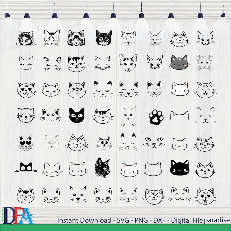 Op de afbeelding: Een set van 48 zwart-witte kattengezichtsillustraties. De kattengezichten zijn in verschillende stijlen, waaronder cartoon, realistisch en minimalistisch. De illustraties zijn perfect voor gebruik in knutselprojecten, scrapbooking of digitaal ontwerp.