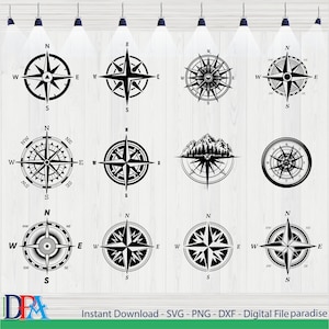 Könnte beinhalten: Satz von zehn schwarzen und weißen Kompassdesigns. Die Kompassdesigns beinhalten eine traditionelle Kompassrose, einen Kompass mit einer Bergkette und einen Kompass mit einem Stern in der Mitte.