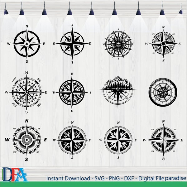 Compass Collection Set - Compass SVG, Nautical Compass, Compass Clipart, Compass Silhouette,Vintage Compass,Adventure Compass,Compass Tattoo