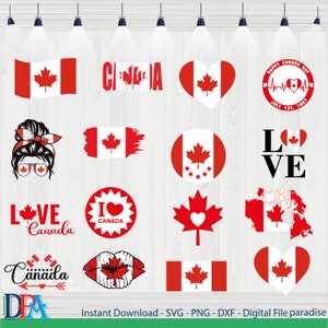 Puede incluir: Un conjunto de 15 archivos de corte digital con varios diseños relacionados con Canadá. Los diseños incluyen la bandera canadiense, un corazón con la bandera canadiense, una hoja de arce con un corazón y el texto "Love Canada".
