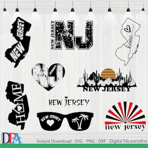May include: A set of 10 digital cut files featuring various designs related to New Jersey. The designs include the state outline, the letters NJ, a heart with NJ inside, a sunset over a desert landscape, sunglasses with palm trees, and a sunburst with the text "new jersey".