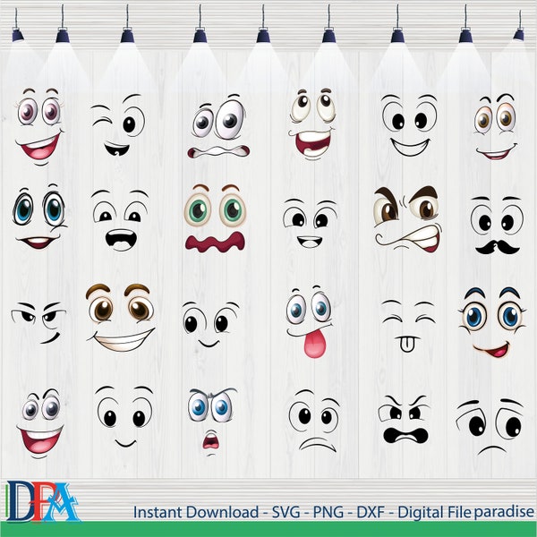 Cartoon Emotion Faces SVG Bundle, Kawaii Face SVG, Cute Funny Face SVG, Emoji face, cartoon face clipart, comics face, png, silhouette