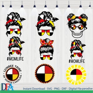 May include: A set of digital cut files featuring a variety of designs, including a skull with sunglasses, a woman with a bun and sunglasses, and a circle with four colored sections. The text "#MOMLIFE" and "LUMBEE TRIBE OF NORTH CAROLINA" are also included in the design.