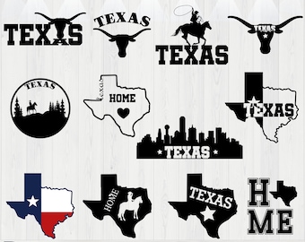 May include: A set of 10 black and white Texas themed SVG cut files. The designs include a Texas state outline, a longhorn steer, a cowboy riding a horse, a skyline, and the words "Texas" and "Home".