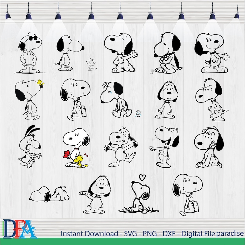 Pu&ograve; includere: Una collezione di illustrazioni in bianco e nero di Snoopy in varie pose. Le immagini mostrano Snoopy in piedi, seduto e sdraiato, alcuni che tengono oggetti o interagiscono con altri personaggi. Il testo "Instant Download - SVG - PNG - DXF - Digital File paradise" &egrave; in basso.