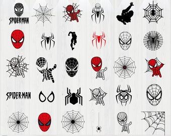 May include: A set of 24 black and red digital cut files featuring Spiderman, spiderwebs, and spiders. The files are perfect for crafting projects, such as vinyl decals, iron-on transfers, and more.