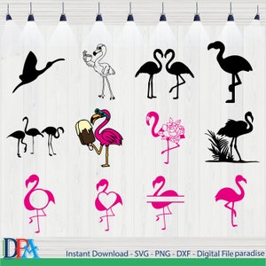 Op de afbeelding: Een verzameling flamingo-thema digitale ontwerpen in zwart en roze. De ontwerpen omvatten silhouetten, cartoon flamingo's met zonnebrillen en ijs, en flamingo vormen met bloemen en hart accenten. De tekst "Instant Download - SVG - PNG - DXF - Digital File paradise" staat onderaan.