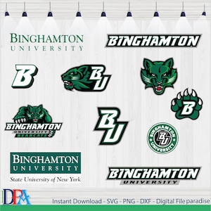 May include: A collection of logos for Binghamton University, a State University of New York. The logos feature the school's name, mascot, and initials in various styles and colors. The logos are perfect for use on apparel, merchandise, and other promotional materials.