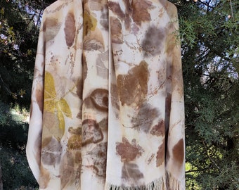 Eco Printed  Lightweight Viscose Scarf, Natural Dyed  Softened Botanical Print With Leaves, Truly Unique design, Trendy Design Slow Fashion.