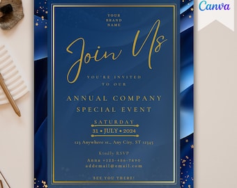 Puede incluir: Una invitación azul y dorada con un fondo estrellado. La invitación dice "Join Us" y te invita a un evento especial anual de la empresa el sábado 31 de julio de 2024. La invitación incluye la dirección, la información de RSVP y el texto "¡Nos vemos allí!"