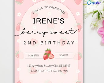 Plantilla de invitación de cumpleaños de Tarta de Fresa, Invitaciones de cumpleaños de fresa, Plantilla de invitación digital para fiesta, Invitación de fiesta imprimible