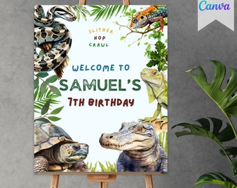 May include: A white welcome sign with green leafy vines and colourful animal illustrations. The sign says "Welcome to Samuel's 7th Birthday" with the words "Slither, Hop, Crawl" at the top.