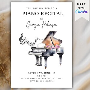 Puede incluir: Un piano blanco con efecto acuarela, flores y notas musicales. El texto dice "Estás invitado a un recital de piano por Giorgia Robinson. Sábado 19 de junio a las 3 pm. 123 Anywhere St. Any City, ST 12345. RSVP a: 123-456-7890."