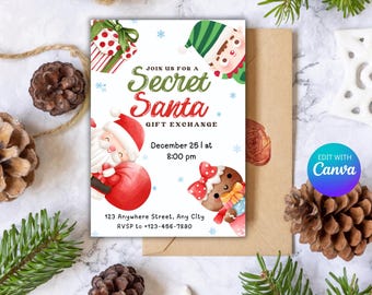 Può includere: Un invito bianco con un tema natalizio festoso. Presenta illustrazioni di Babbo Natale, un elfo e un uomo di pan di zenzero. Il testo recita "Join us for a Secret Santa Gift Exchange, December 25 | at 8:00 pm, 123 Anywhere Street, Any City, RVSP to +123-456-7890".