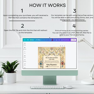 May include: A computer screen displaying a Canva design template with a vintage-style design. The text on the template reads "Hall, fair Lords and Ladies of the realm." and "Lady Elizabeth's 1-4th". The screen is on a white desk with a keyboard and a plant.