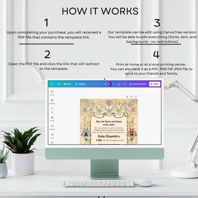 May include: A computer screen displaying a Canva design template with a vintage-style design. The text on the template reads "Hall, fair Lords and Ladies of the realm." and "Lady Elizabeth's 1-4th". The screen is on a white desk with a keyboard and a plant.