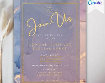 Puede incluir: Una invitación de color morado y azul con detalles dorados. El texto dice "Join Us" en escritura dorada, "You're Invited to Our Annual Company Special Event", "Saturday 31 July 2024", "123 Anywhere st., Any City, ST 12345", "Kindly RSVP", "Anna +123-456-7890", "addemail@email.com", y "See You There!"