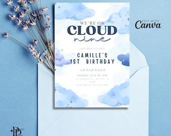 May include: Blue and white watercolor invitation with clouds and stars. The text reads "We're on Cloud Nine" and "Camille's 1st Birthday".