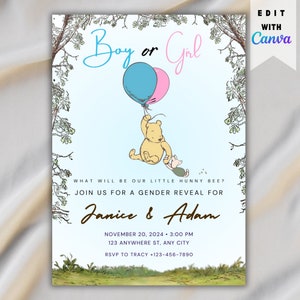Winnie The Pooh Gender Reveal Invitation,  Printable Gender Reveal Party Invitations, Digital Gender Reveal Invite Template