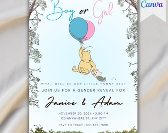 Winnie The Pooh Gender Reveal Invitation,  Printable Gender Reveal Party Invitations, Digital Gender Reveal Invite Template