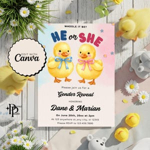 Duck Gender Reveal Invite, Duck Theme Gender Reveal Evite, Rubber Duck Gender Reveal Invite, Waddle it Be He or She Printable Party Invite