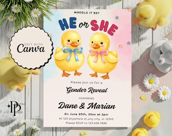 Duck Gender Reveal Invite, Duck Theme Gender Reveal Evite, Rubber Duck Gender Reveal Invite, Waddle it Be He or She Printable Party Invite