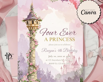 Four Ever A Princess Invite, Fourever A Princess Invite, Four ever a Princess 4th Birthday Printable Party Invitation, Canva Invite
