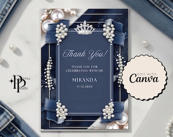 Tarjeta de agradecimiento de mezclilla y perlas, tarjeta de agradecimiento de mezclilla y diamantes, tarjeta de agradecimiento de mezclilla, plantilla de tarjeta de agradecimiento para fiesta temática de mezclilla