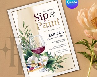 Sip and Paint Birthday Invitation: Editable Canva Template (PDF Print)