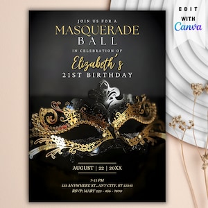 Masquerade Ball Invite, Masquerade Invitation, Masquerade Ball Editable Birthday Invitation, Printable Party Invitation, Masquerade Invite