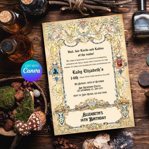 May include: A medieval-style invitation to a 14th birthday party for Lady Elizabeth. The invitation features a gold and blue border with ornate designs and text that reads "Hail, fair Lords and Ladies of the realm!" and "Lady Elizabeth's 14th Year Upon This Mortal Plane!" The invitation also includes the date, time, and location of the party.