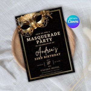 Masquerade Ball Editable Birthday Invitation Template, Printable Birthday Party Invitations, Digital Bday Party Invite Template