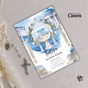 Convite de Batismo Grego | Convite de Batismo Online para Imprimir, Convite para Festa Temática Grega para uma Celebração Memorável