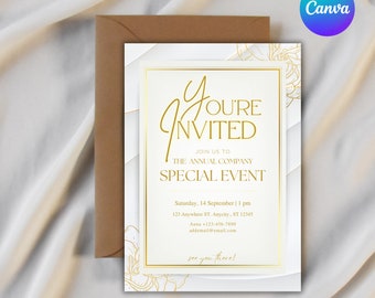 Puede incluir: Una tarjeta de invitación dorada y blanca con fondo de mármol y detalles florales dorados. El texto dice "Estás invitado" e incluye detalles para un evento especial. El evento es el sábado 14 de septiembre a la 1 pm. La dirección es 123 Anywhere ST, Anycity, ST 12345. La información de contacto es Anna +123-456-7890 y addemail@email.com. La invitación termina con "¡Nos vemos allí!"