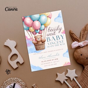 Teddy Bear Hot Air Balloon Invitation | Boy Blue Baby Shower We Can Bearly Wait | Instant Download Printable Invite