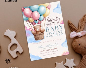 Teddy Bear Hot Air Balloon Invitation | Boy Blue Baby Shower We Can Bearly Wait | Instant Download Printable Invite