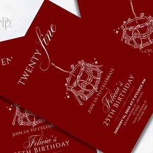 May include: Red birthday invitations with white text and drum illustrations. The invitations read "Twenty fine" and include details for a 25th birthday celebration, including the name "Felicia's".