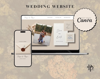 Modèle de site Web de mariage élégant, faire-part de mariage Web Canva, invitation de site Web Canva, modèle de toile modifiable DIY, site Web de mariage personnalisé