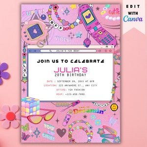 May include: A pink and white digital birthday invitation with a 90s theme. The invitation features a computer screen with the text "JOIN US TO CELEBRATE JULIA'S 20TH BIRTHDAY". The invitation also features a variety of 90s-themed graphics, such as a cell phone, a Tamagotchi, and a butterfly.